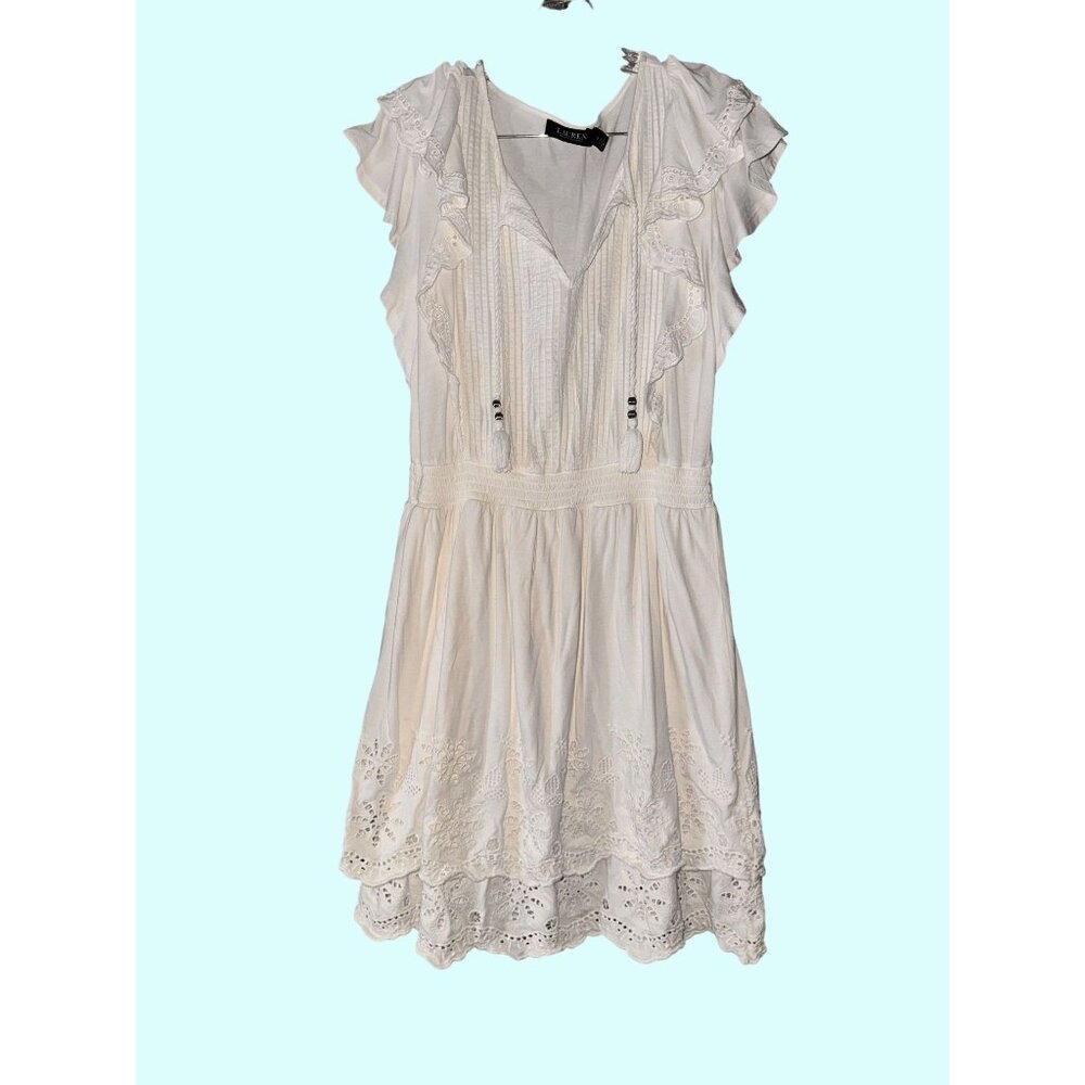 Black Label Lauren Ralph Lauren White Eyelet Ruffle Dress Size 8 Cotton Blend Wo - Picture 2 of 9
